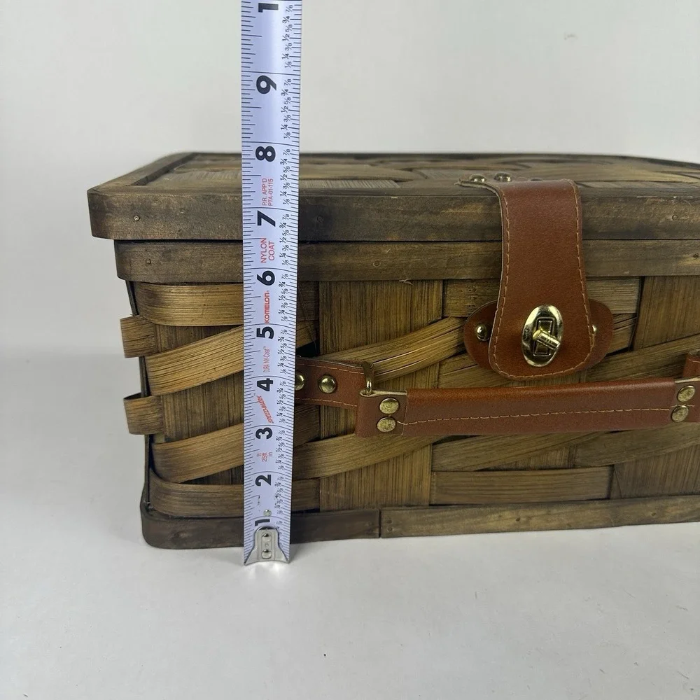 Vintage Woven Wood Picnic Basket Plaid Lined Folding Handle Storage Basket